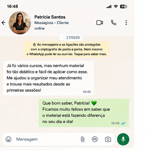 Depoimento Patrícia Santos — já fiz vários cursos, mas nenhum material foi tão didático e fácil de aplicar como esse. Me ajudou a organizar meu atendimento e trouxe mais resultados desde as primeiras sessões.